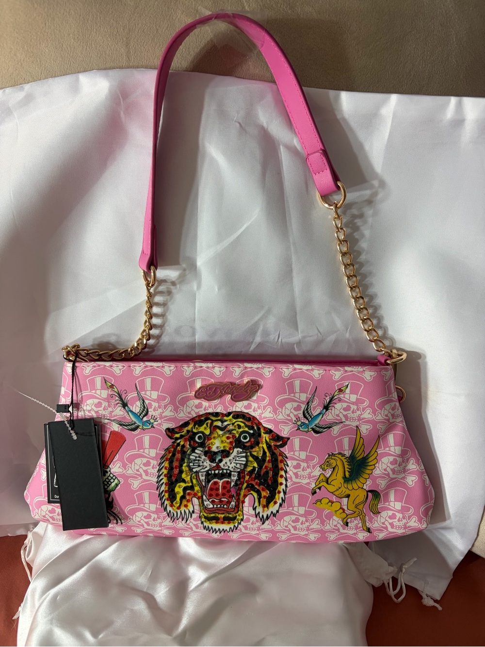 NWT Ed Hardy Pink Graphic Shoulder Bag with Gold Chain
